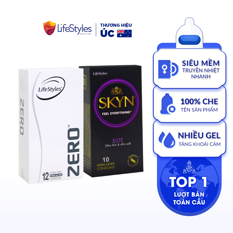 Combo 1 Hộp Bao Cao Su LifeStyles Zero 12 bao + 1 Hộp Bao Cao Su LifeStyles SKYN Elite Non-latex 10 bao