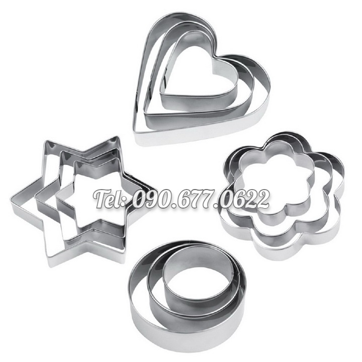 Bộ 12 khuôn hình tim, hoa mai, ngôi sao và hình tròn làm bánh, Cutter, Fondant inox – Mã số 1256