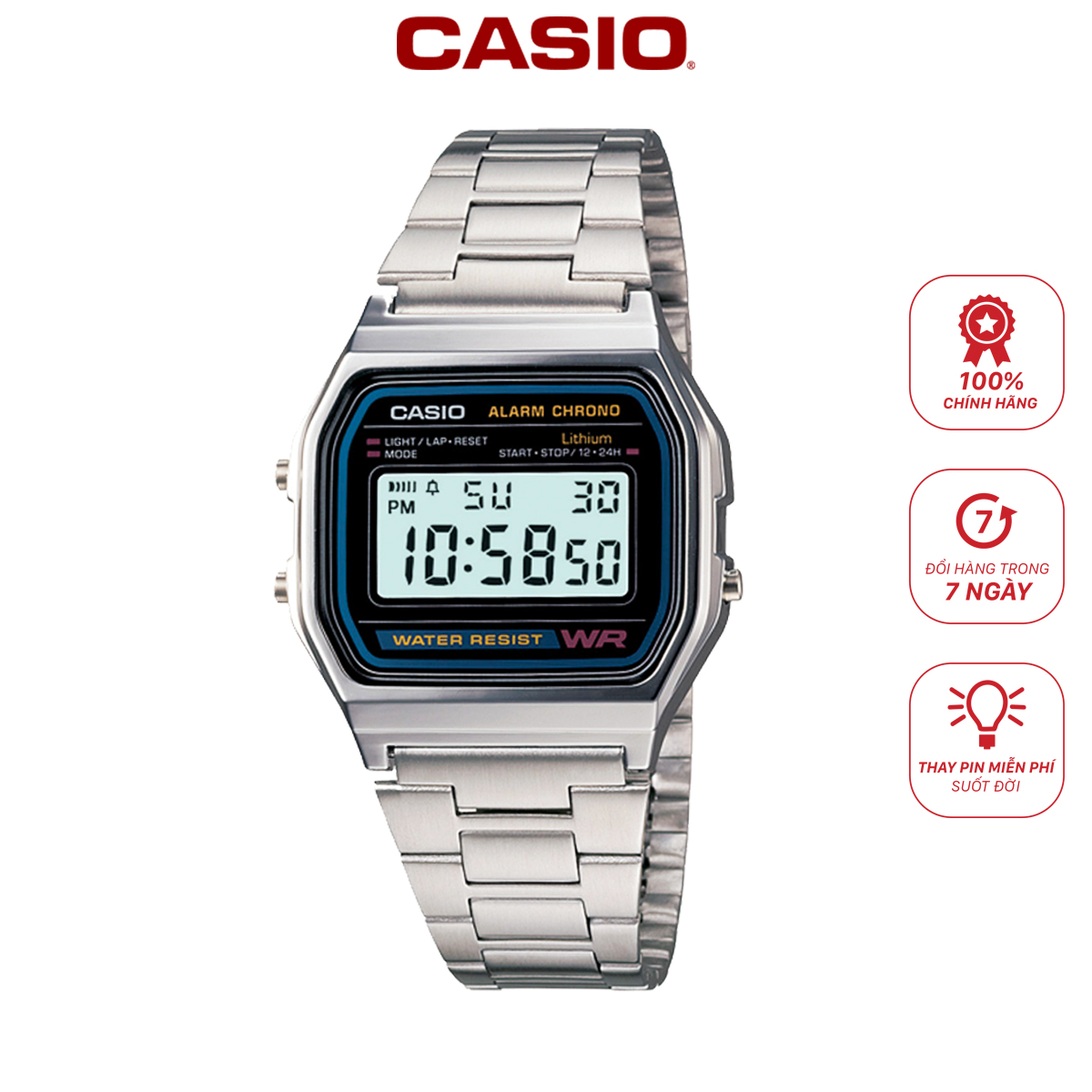 Đồng hồ điện tử Casio nam A158WA-1DF dây kim loại