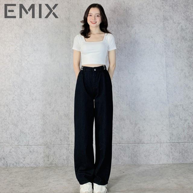 Quần jean suông móc cài EMIX (2 màu), unisex, dáng dài, cạp cao, form thụng, vải jean mềm nhẹ, cá tính