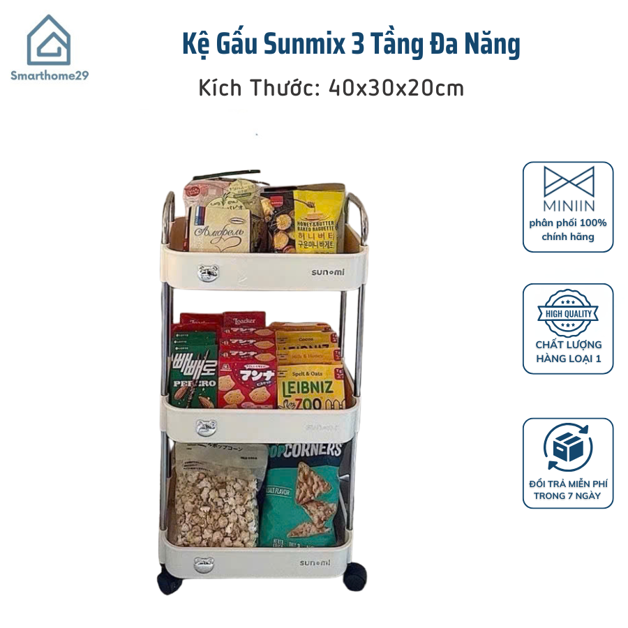 Kệ Gấu Sunmix 3 Tầng Đa Năng, Kệ Để Đồ Khay Nhựa Cao Cấp Khung Inox, Có Bánh Xe Và Tay Cầm Di Chuyển - HÀNG CHÍNH HÃNG MINIIN