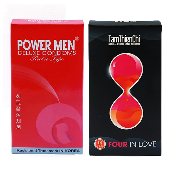 Bao cao su Powermen bi chấm gân chìm Rocket hộp 12 cái và 1 hộp Bao cao su Tâm Thiện Chí Four In Love bi chấm kéo dài hộp 12 cái