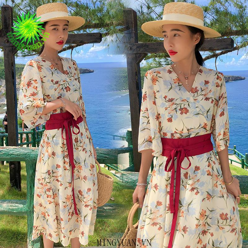 Đầm Hoa Cổ V Nhấn Eo Thời Trang Nữ Tính