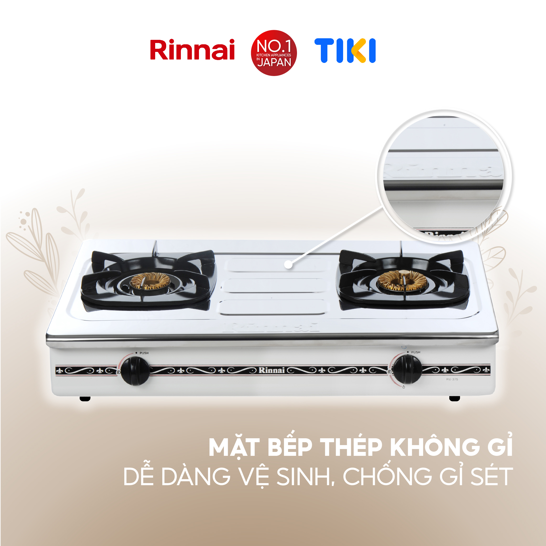 Bếp gas dương Rinnai RV-375(SW)N mặt bếp inox và kiềng bếp men - Hàng chính hãng.