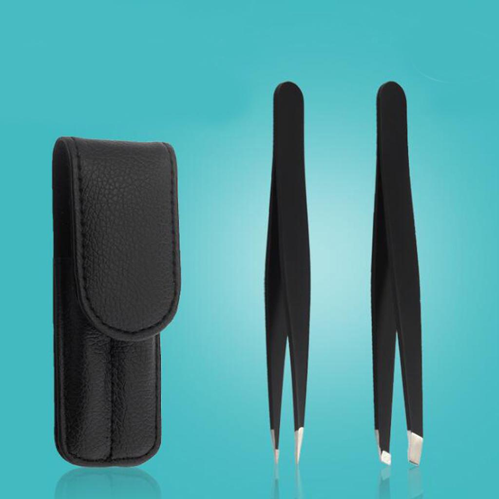 2pcs Stainless Steel Eyebrow Splinter Facial Hair Removal Precision Flat Point Tweezers Set with Leather Case, Black