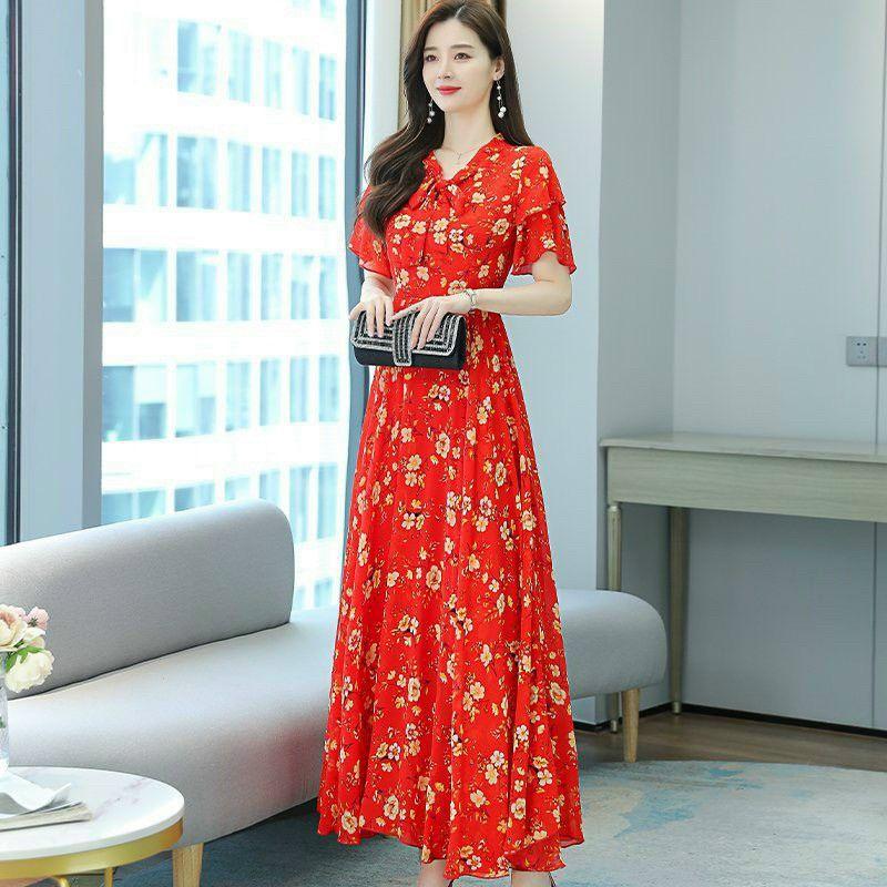 HÀNG NHẬP - ĐẦM XÒE VOAN HOA ĐỎ CỔ THẮT NƠ