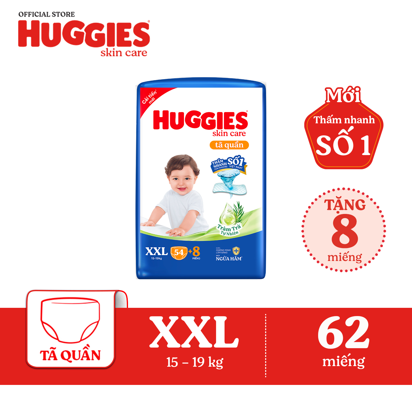 Tã/bỉm quần Huggies Skin Care Super Jumbo XXL54+8 miếng với tràm trà dịu da