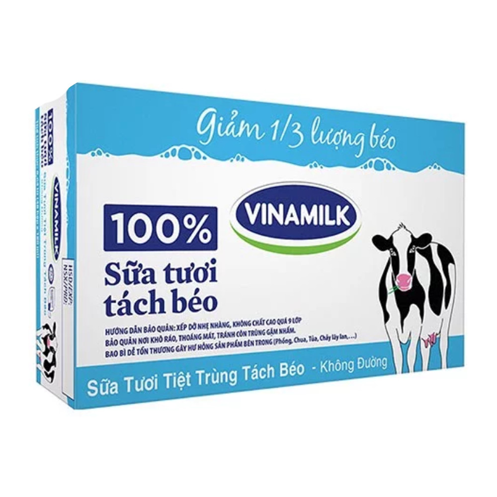 Thùng 48 HỘP SỮA TƯƠI TIỆT TRÙNG VINAMILK 100% TÁCH BÉO KHÔNG ĐƯỜNG 180ML