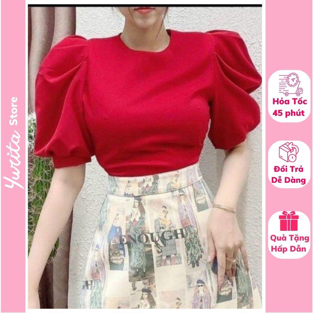 Áo Croptop Tay Phồng YURITA Khoá Sau Cổ Tròn Style Hàn Quốc Tiểu Thư Dễ Thương Tay Ngắn Nhiều Màu Chất Dày Dặn