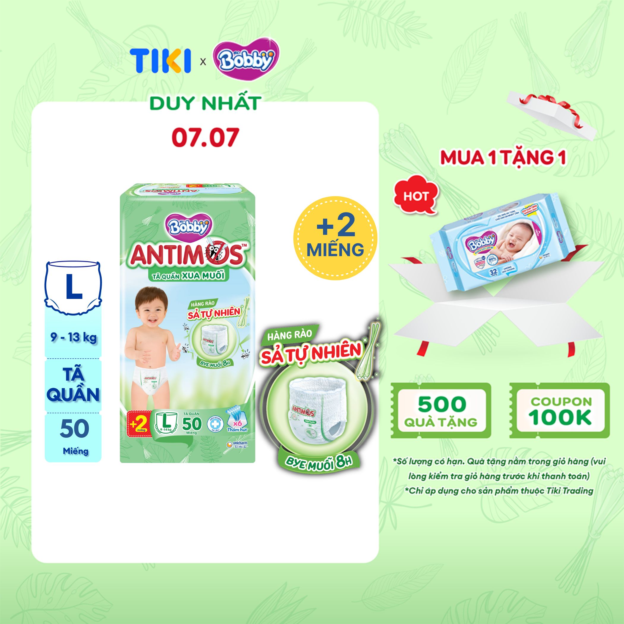 [TẶNG KÈM 2 MIẾNG] Tã Quần Xua Muỗi Bobby Antimos – Hàng rào Sả tự nhiên Bye Muỗi 8H - Size L 50 miếng