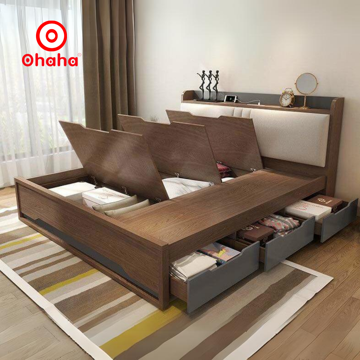 [Ảnh thực tế - Miễn phí lắp đặt &amp; vận chuyển] Giường ngủ gỗ công nghiệp bọc nệm đầu giường có hộc kéo tiện lợi Ohaha - GN001