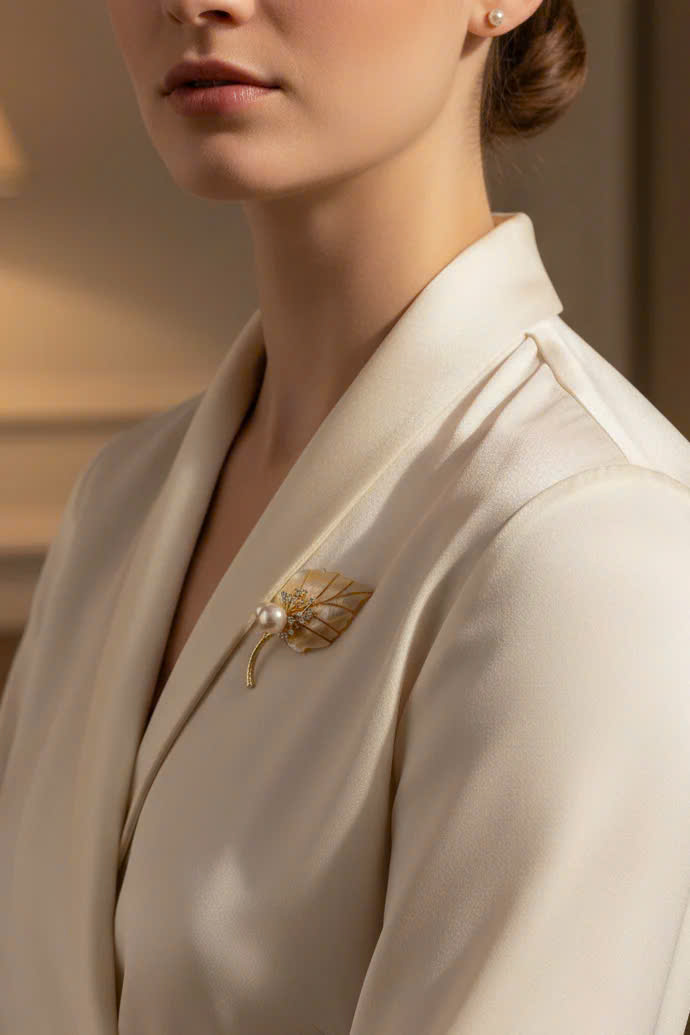 Trâm Cài Áo Vest, Áo Dài Xà Cừ Đính Ngọc Trai Baroque Hình Chiếc Lá thời trang thiết kế Hity ACC413