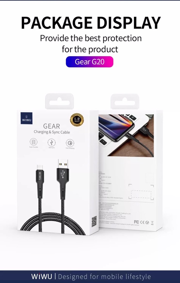 Cáp Wiwu Gear Charging &amp; Sync Cable 2.4A 1.2M G20 cho các thiết bị sạc Type-C, hỗ trợ sạc nhanh, chống rối - Hàng chính hãng