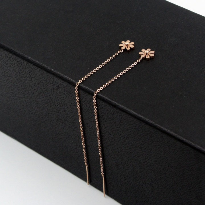 Bông Tai Hoa Cúc Chuỗi Dài Chất Liệu Thép Titan Ko Đen TT 1305