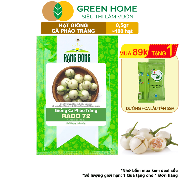 Hạt Giống Cà Pháo Trắng GreenHome, Gói 0,5g~100 hạt, Dễ Trồng Quanh Năm, Năng Suất Cao T44