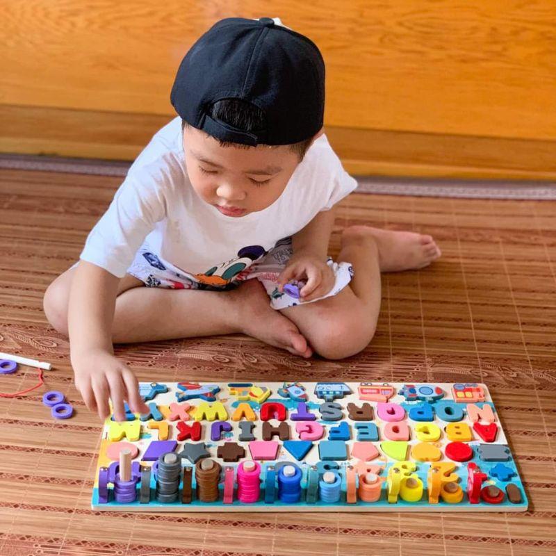 Đồ chơi Câu cá gỗ 7 trong 1 kèm hình khối, số, chữ và phương tiện...