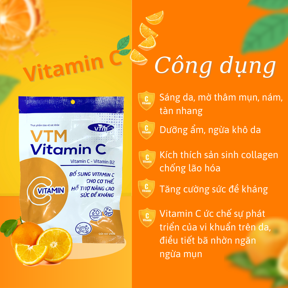 Hình ảnh Viên uống VTM Vitamin C bổ sung vitamin C, sáng da, mờ thâm, tăng cường đề kháng - gói 60 viên(30 ngày)