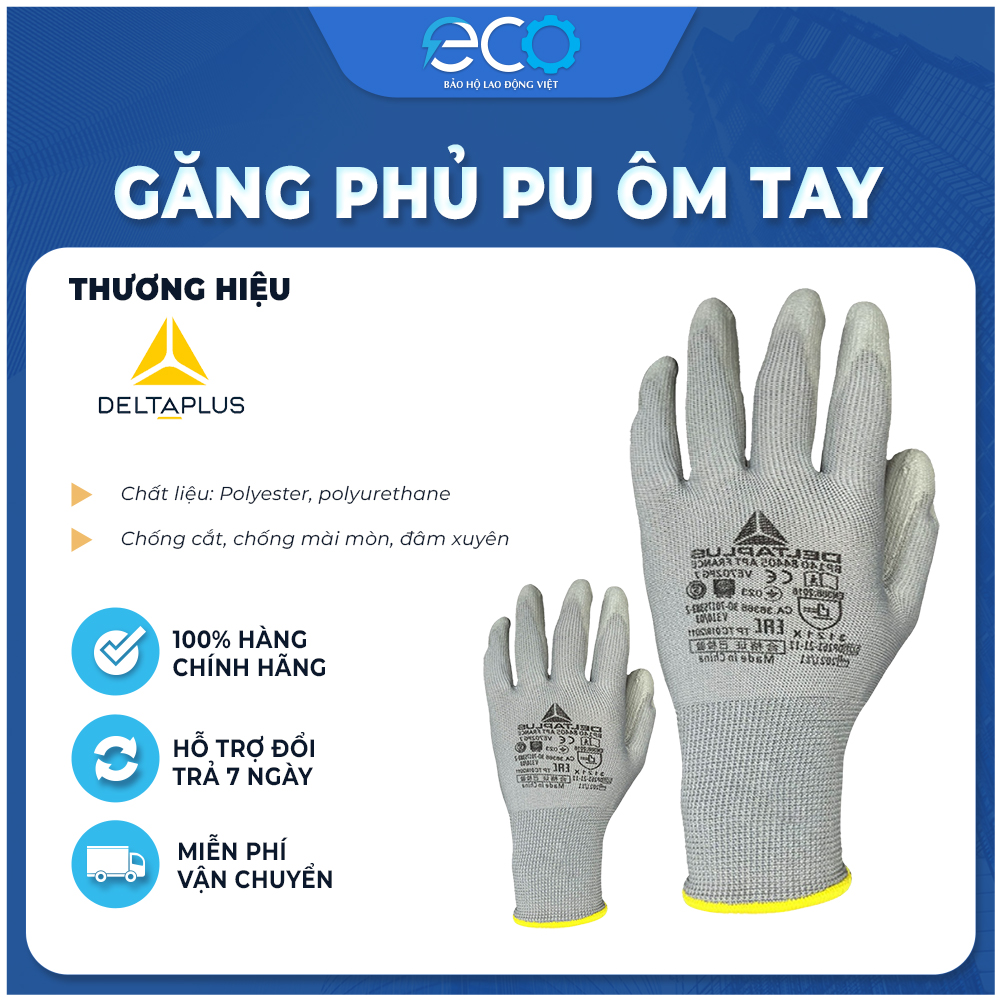 Găng tay bảo hộ lao động Deltaplus VE702PG phủ PU ôm tay, dễ cầm nắm, chống dầu, sửa chữa, vận hành