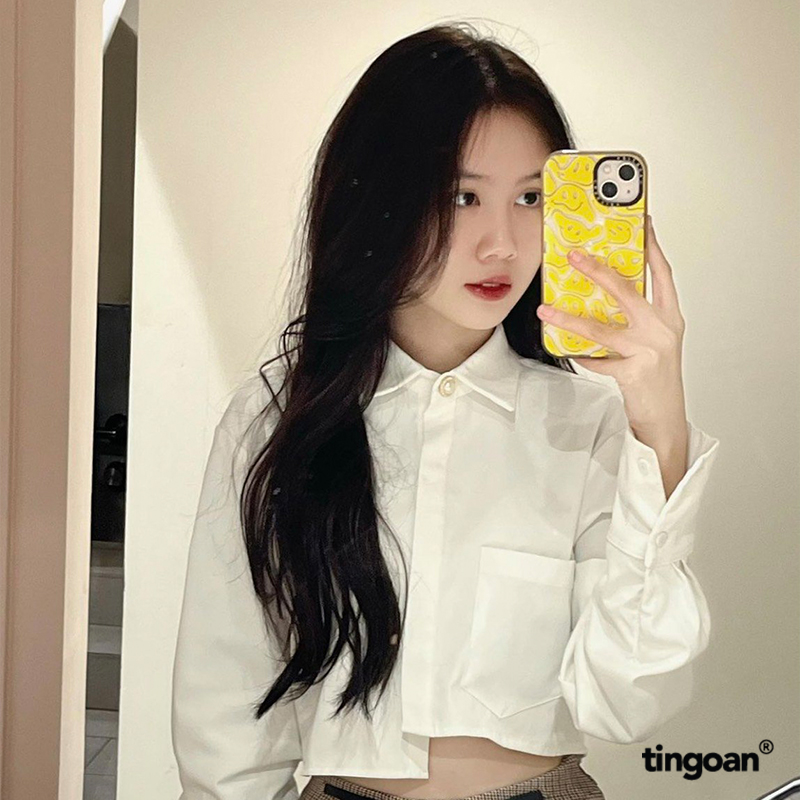 Áo somi crop dài tay cúc ngọc vạt lệch vải chống nhăn trắng tingoan DRUNK IN LOVE SHIRT/WH