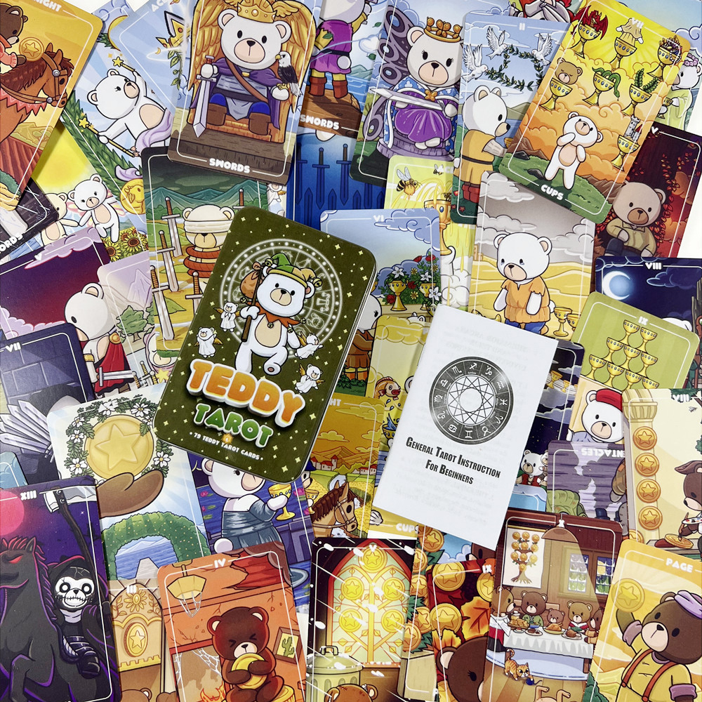 Bộ Bài Teddy Tarot Hộp Thiếc 78 Lá 98x58 Mm Tặng Đá Thanh Tẩy