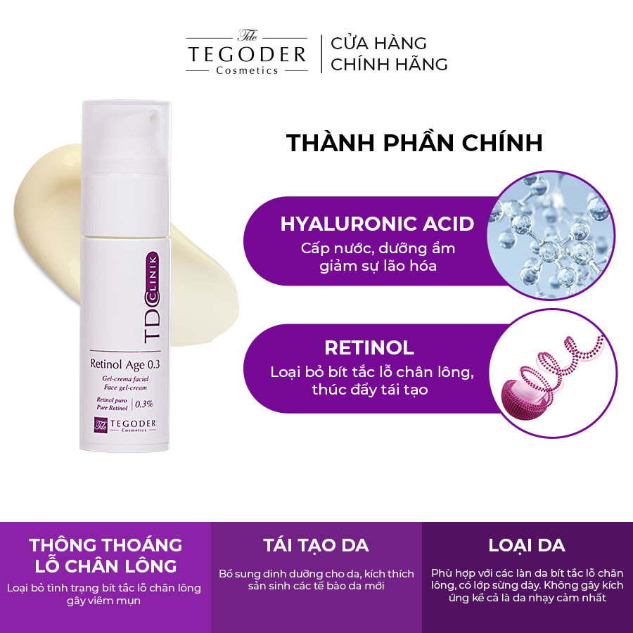 Kem chống lão hoá tái tạo da 0,3% retinol tinh khiết Tegoder Clinik-Retinol age 30 ml mã 0801