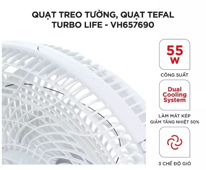Quạt treo tường, quạt Tefal Turbo Life VH657690 - 55W, 3 chế độ gió- hàng chính hãng