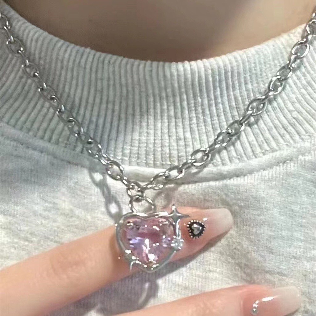 Dây Chuyền Mặt Trái Tim Đính Đá Zircon Hồng Thời Trang Hàn Quốc Cho Nữ Cá Tính