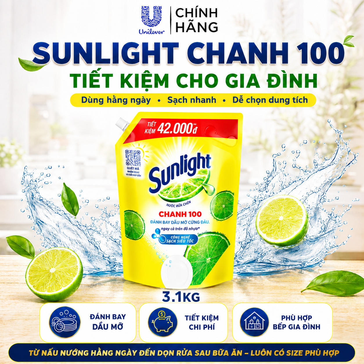 Nước Rửa Chén Sunlight Chanh 100 Chính Hãng Unilever, Sạch Dầu Mỡ, Tiết Kiệm Cho Gia Đình 3.1kg