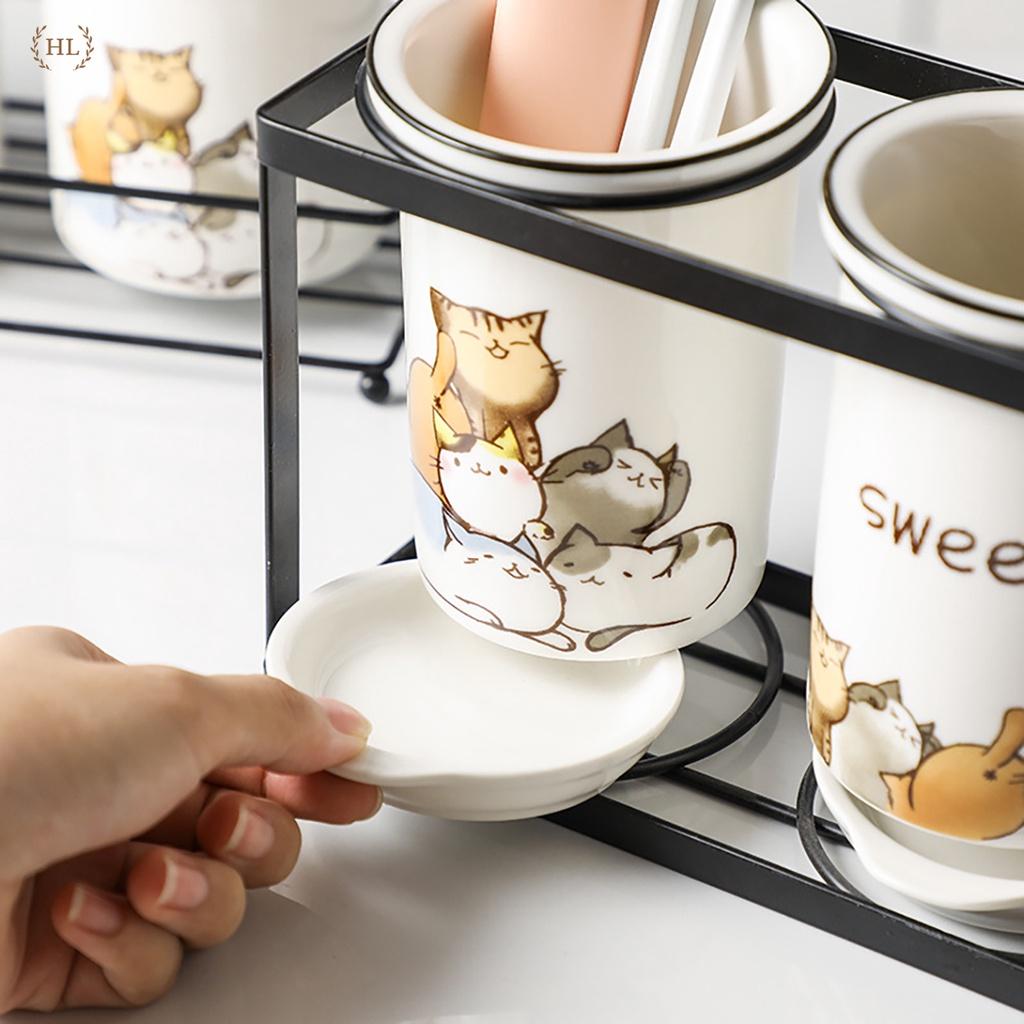 Ống cắm đũa sứ 2 cao cấp Home Cat Sweet | ỐNG ĐỰNG ĐŨA CHẤT LIỆU SỨ KHUNG KIM LOẠI HOẠT TIẾT CHÚ MÈO 2022