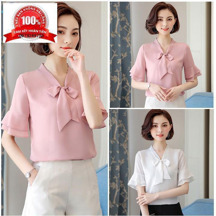 Áo kiểu nữ cao cấp cổ thắt nơ tay loe màu hồng và màu trắng