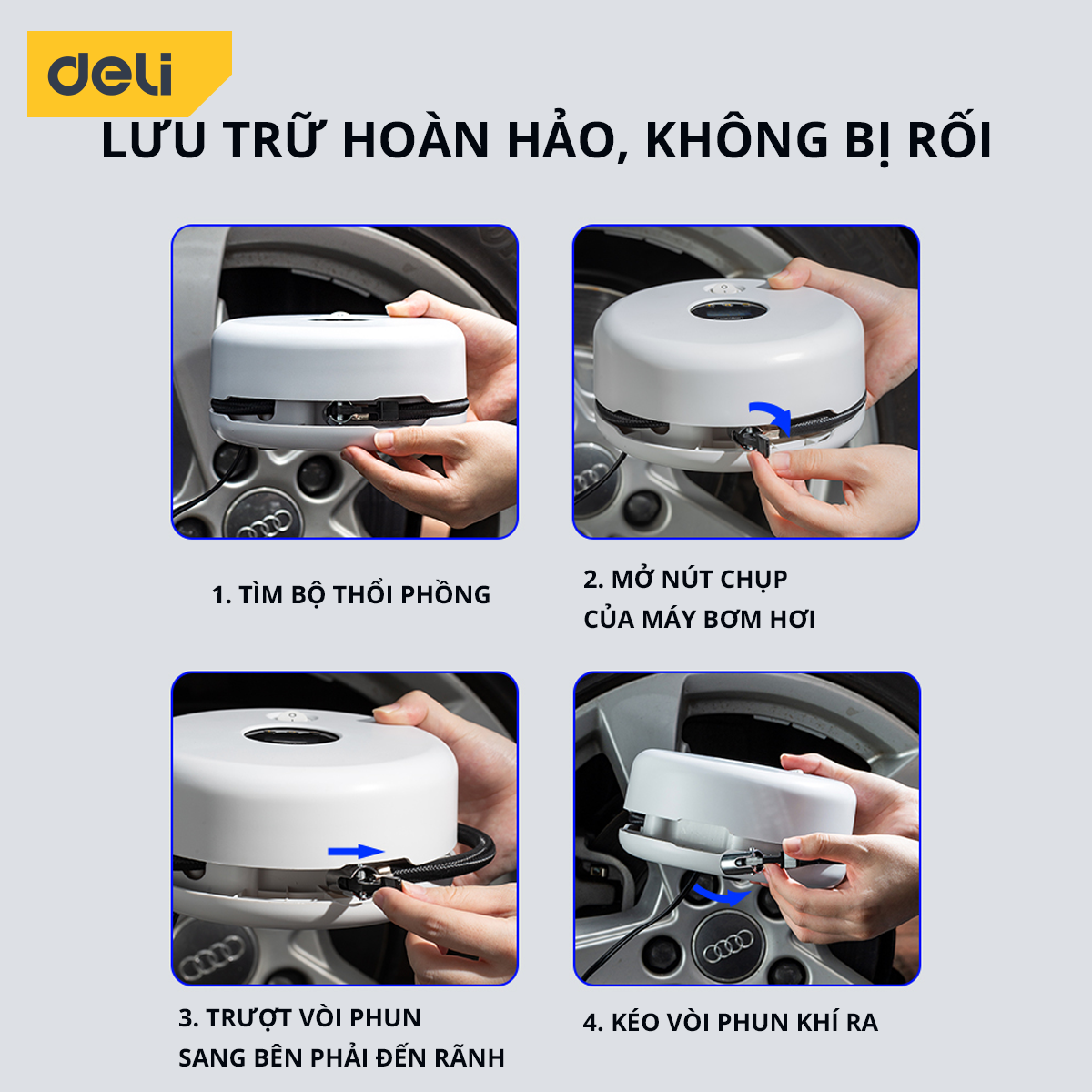 Máy Bơm Lốp Xe Ô Tô Deli Chính Hãng - Bơm Nhanh, Phát Hiện Áp Suất Lốp Thời Gian Thực, Màn Hình LCD - Nhỏ Gọn - DL880180