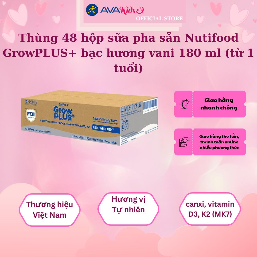 Thùng 48 hộp sữa pha sẵn Nutifood GrowPLUS+ bạc hương vani 180 ml (từ 1 tuổi)