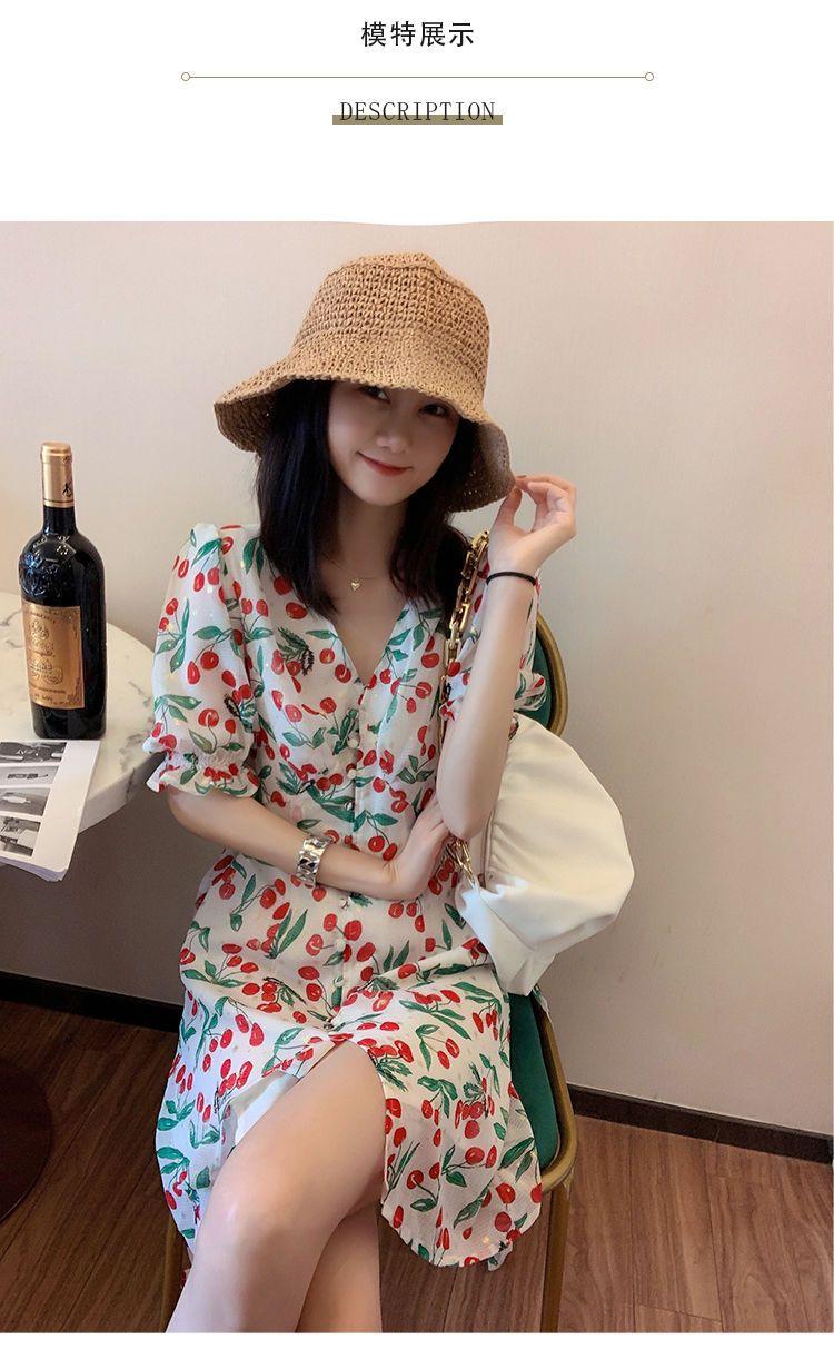 TOBE1SHOP 2021 mùa hè thắt lưng ngọt ngào trà nghỉ váy nữ Pháp anh đào chiffon hoa bong bóng tay áo đầm dài