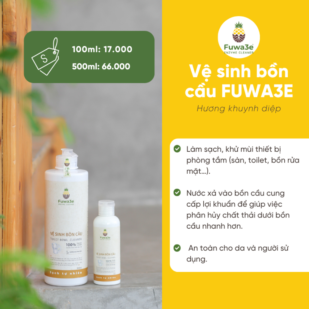 Nước tẩy bồn cầu và nhà vệ sinh hữu cơ Fuwa3e 500ml tinh chất khuynh diệp diệt khuẩn, không chất độc hại, tẩy rửa cực mạnh, đánh bay cặn bẩn, hương thơm dài lâu