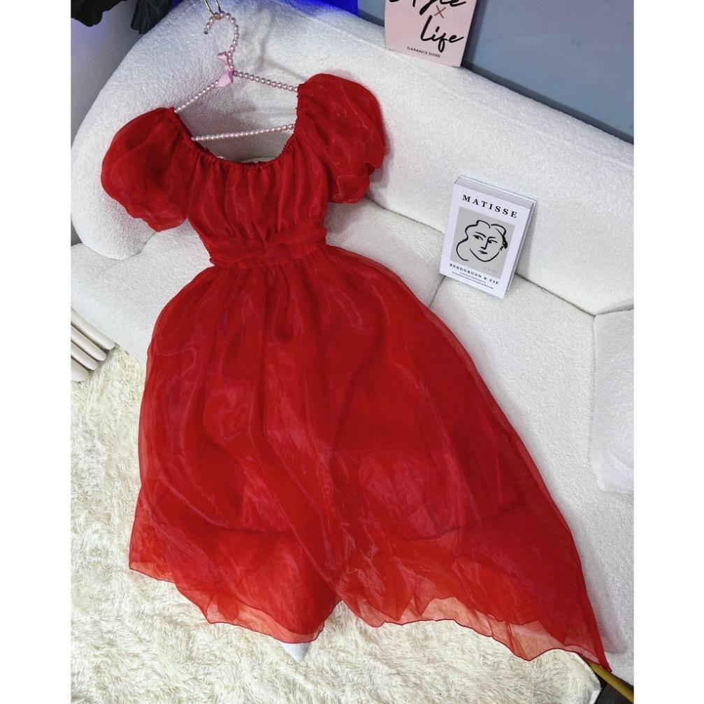 Đầm váy maxi tơ phồng lót lụa mút ngực cổ V tay bồng tím đỏ hồng Ivy.fashion đi biển dự tiệc dạo phố bigsize gợi cảm s
