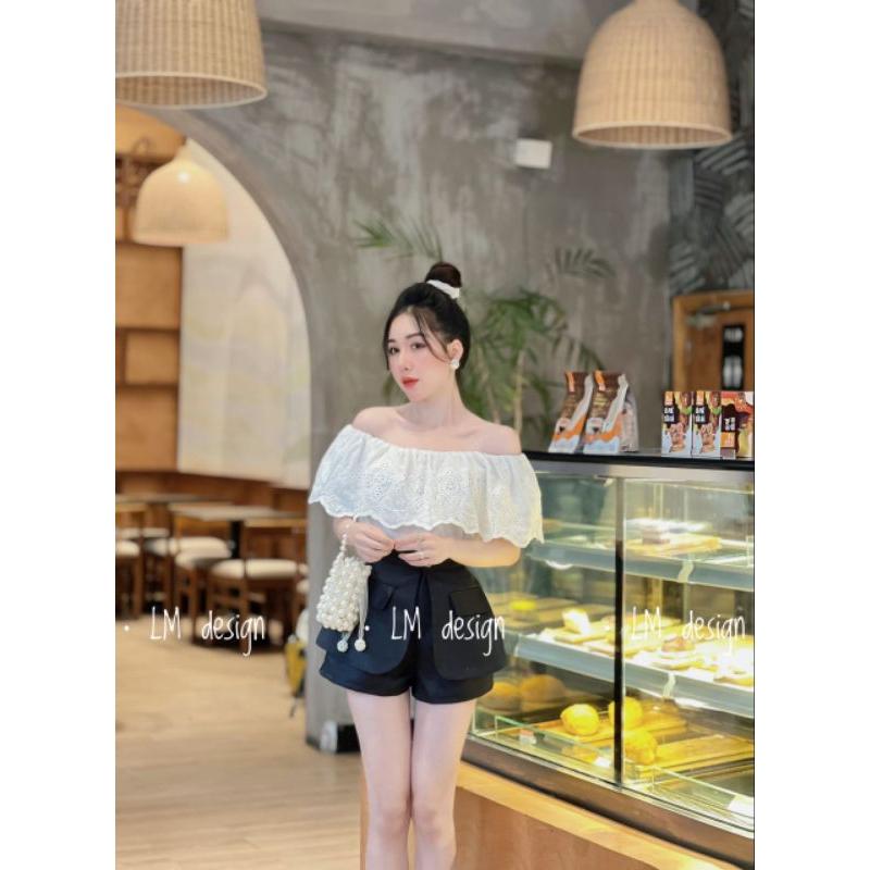 Áo trễ vai vải thô phối ren mềm mát_áo trễ vai kiểu_Sơmi trễ vai đẹp
