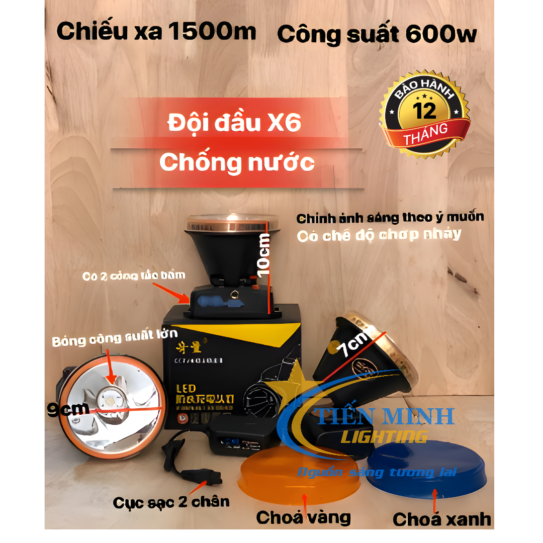 ĐÈN LED PIN SẠC ĐỘI ĐẦU KÍN NƯỚC SỬ DỤNG ĐƯƠC 3 ÁNH SÁNG TRẮNG, VÀNG, XANH - CHIẾU XA 1500M X6 - 600W