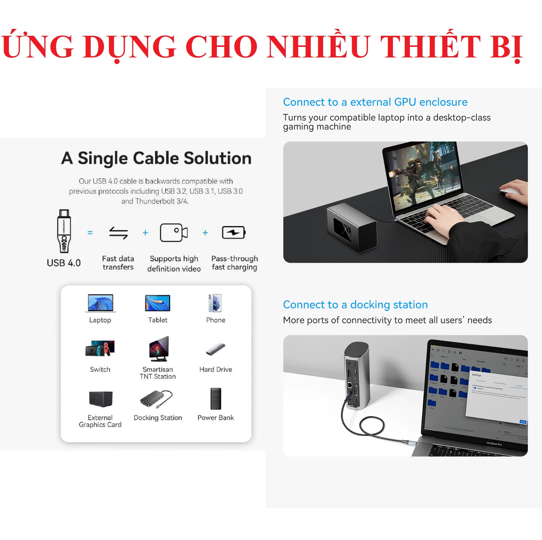 Cáp C to C USB4.0 chuyển video hình ảnh 8K @60Hz công suất 240W Vention TAV _  hàng chính hãng