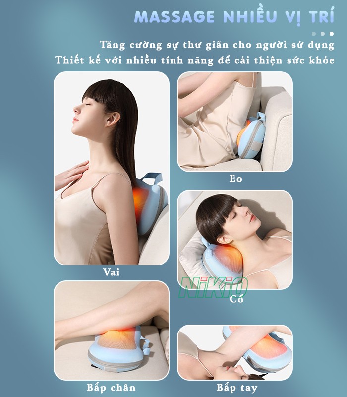 Gối Massage Hồng Ngoại, Mát Xa Cổ Vai Gáy Nikio NK-135DC - Xoa Bóp Chuyên Sâu, Hỗ Trợ Cải Thiện Đau Mỏi Nhanh, Pin Sạc Tiện Lợi