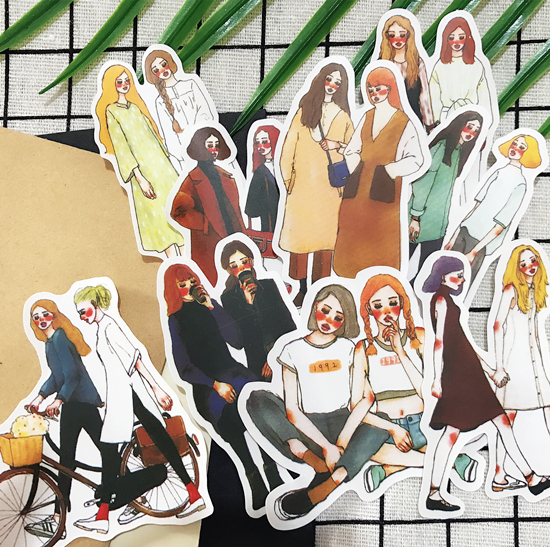 S102 - Set 12 stickers giấy cô gái đôi bạn nữ Girl Friends vintage cổ điển trang trí sổ bullet journal, junk journal