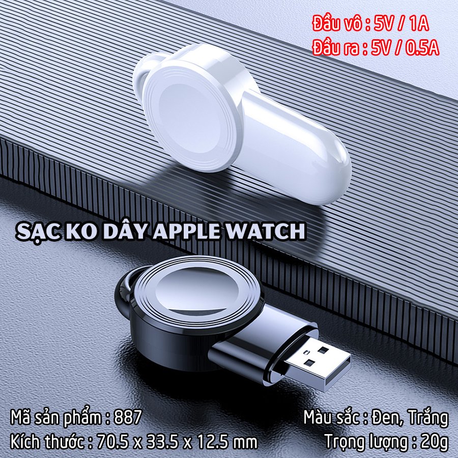 Đế Sạc Không Dây cho đồng hồ thông minh Apple Watch 38/40/42/44mm Series 1/2/3/4/5/6/Se cổng cắm USB cao cấp loại bỏ túi (Mã 887) - Trắng, Đen