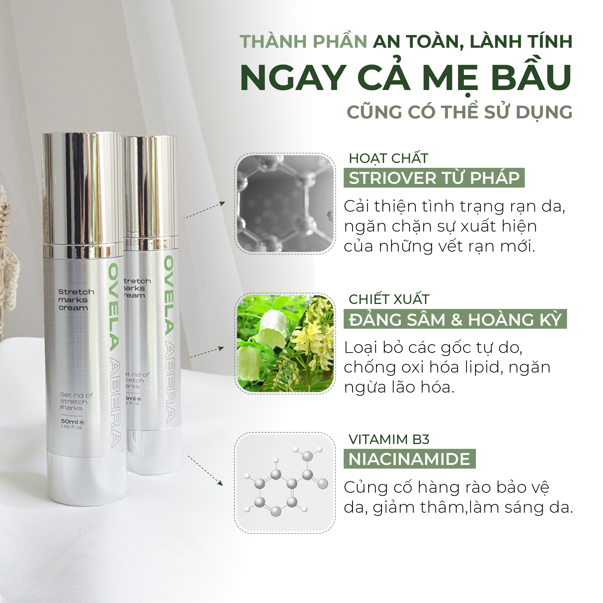 [Combo 2] Kem Rạn Da OVELA ABERA 50ML, Dưỡng Ẩm,  Giảm Rạn Cũ, Ngừa Rạn Mới, Mờ Thâm Bụng, Xóa Tan Mọi Âu Lo Về Rạn Da