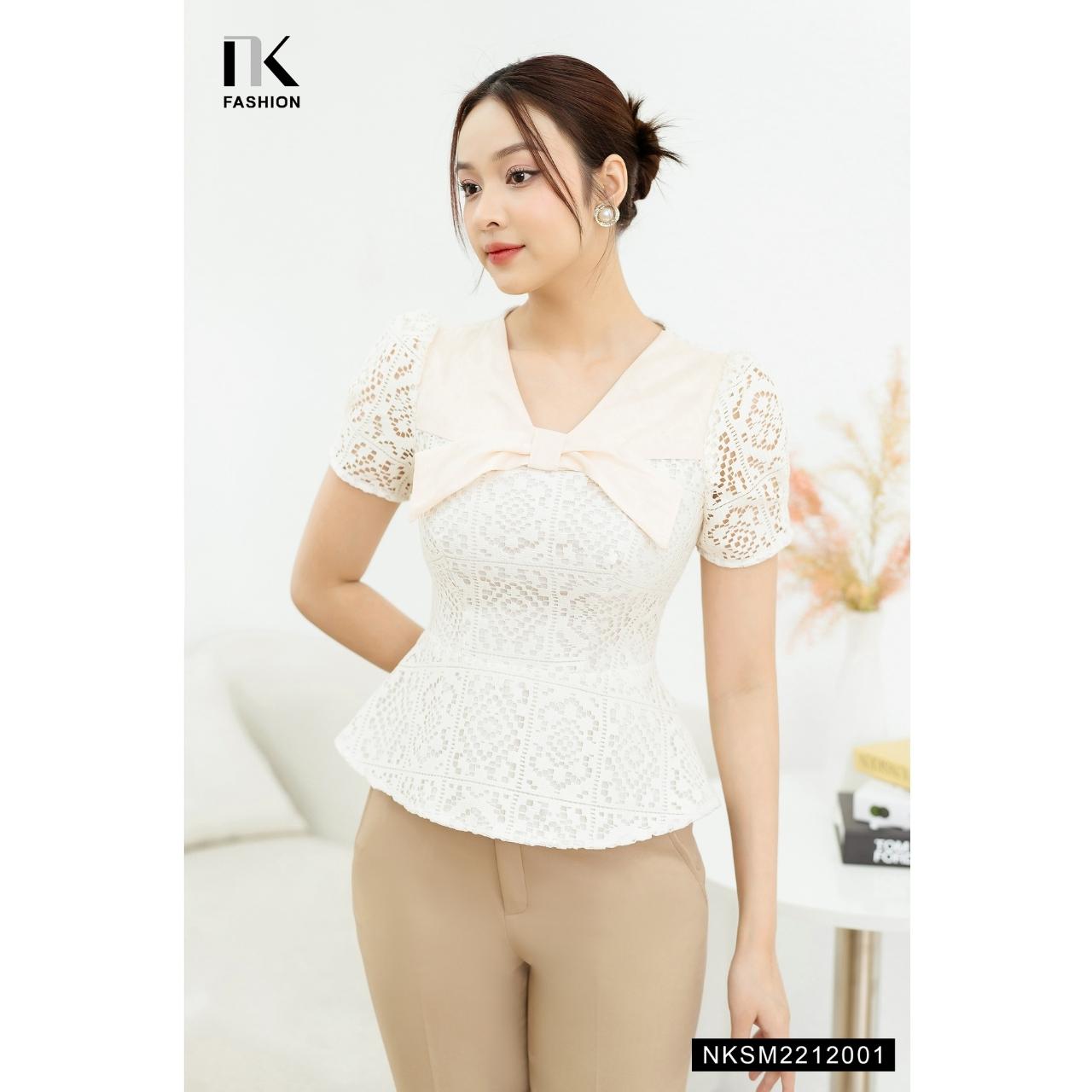 Áo Sơ Mi Ren Phối Nơ Cổ NK FASHION Ngắn Tay Thắt Eo Thanh Lịch Chất Vải Nhập Hàn Cao Cấp NKSM2212001