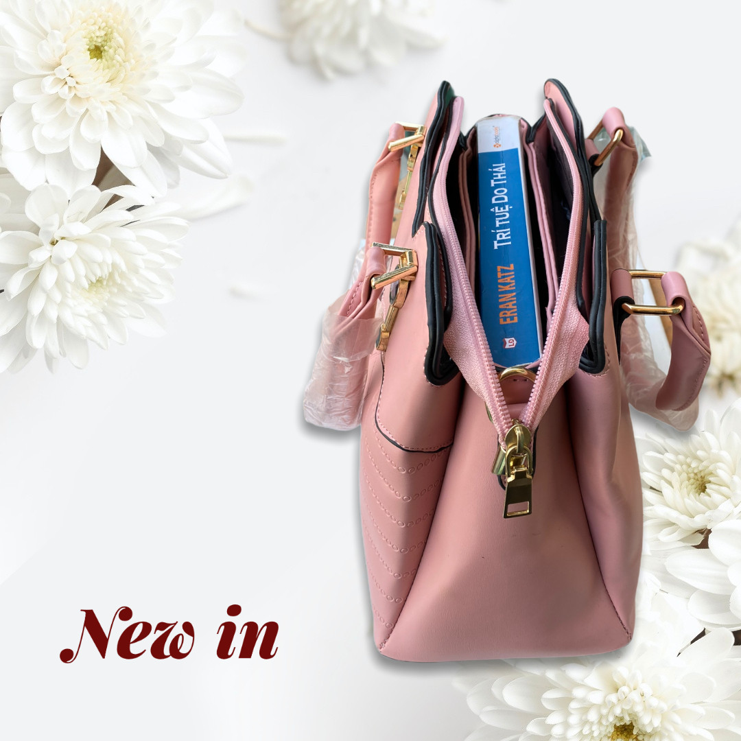 Túi nữ xách tay thời trang 11420 da ép caro chéo thân nối sóng hồng phấn