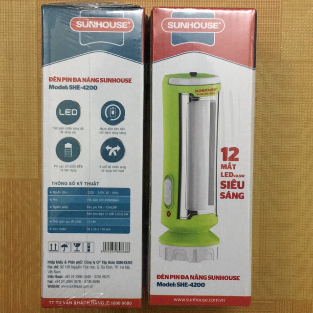 Đèn Pin, Đèn Tích Điện Đa Năng Sunhouse SHE-4200 - Chính Hãng