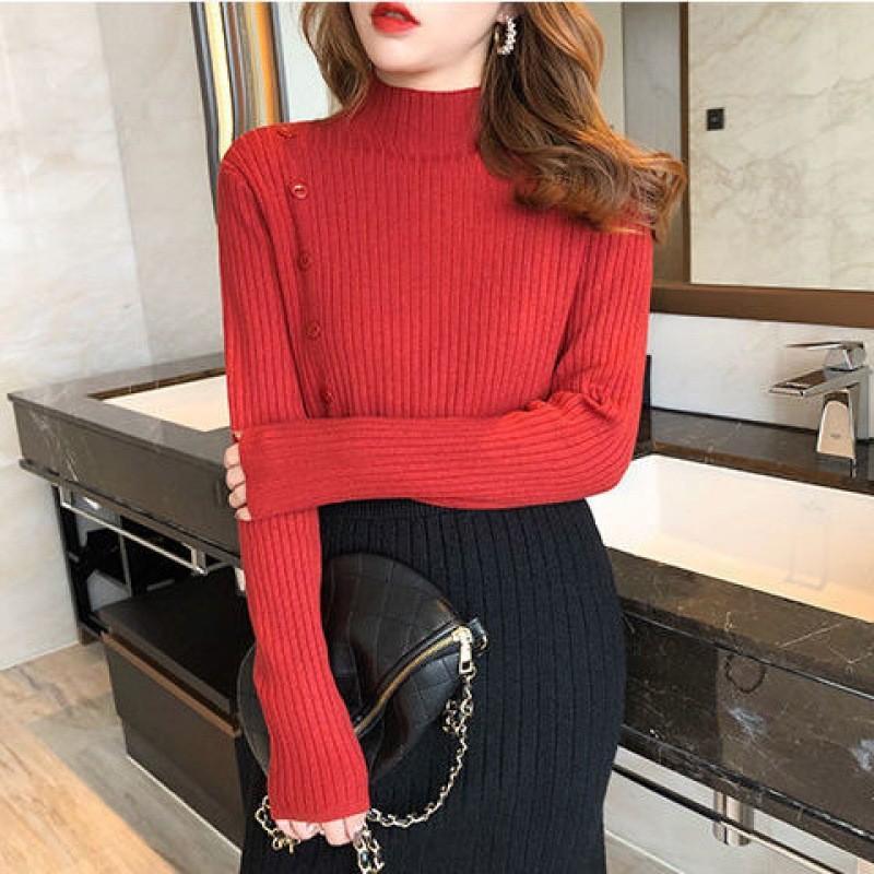 MS998 Áo len nữ cao cổ đính cúc xẻ sườn siêu mềm mịn