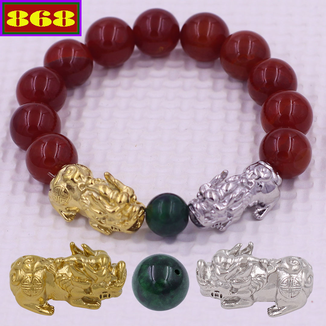 Vòng chuỗi đeo tay mã não vân rạn đỏ 12 ly charm tỳ hưu đôi inox trắng và vàng, vòng chuỗi phong thủy, charm tỳ hưu, vòng tay hạt chuỗi