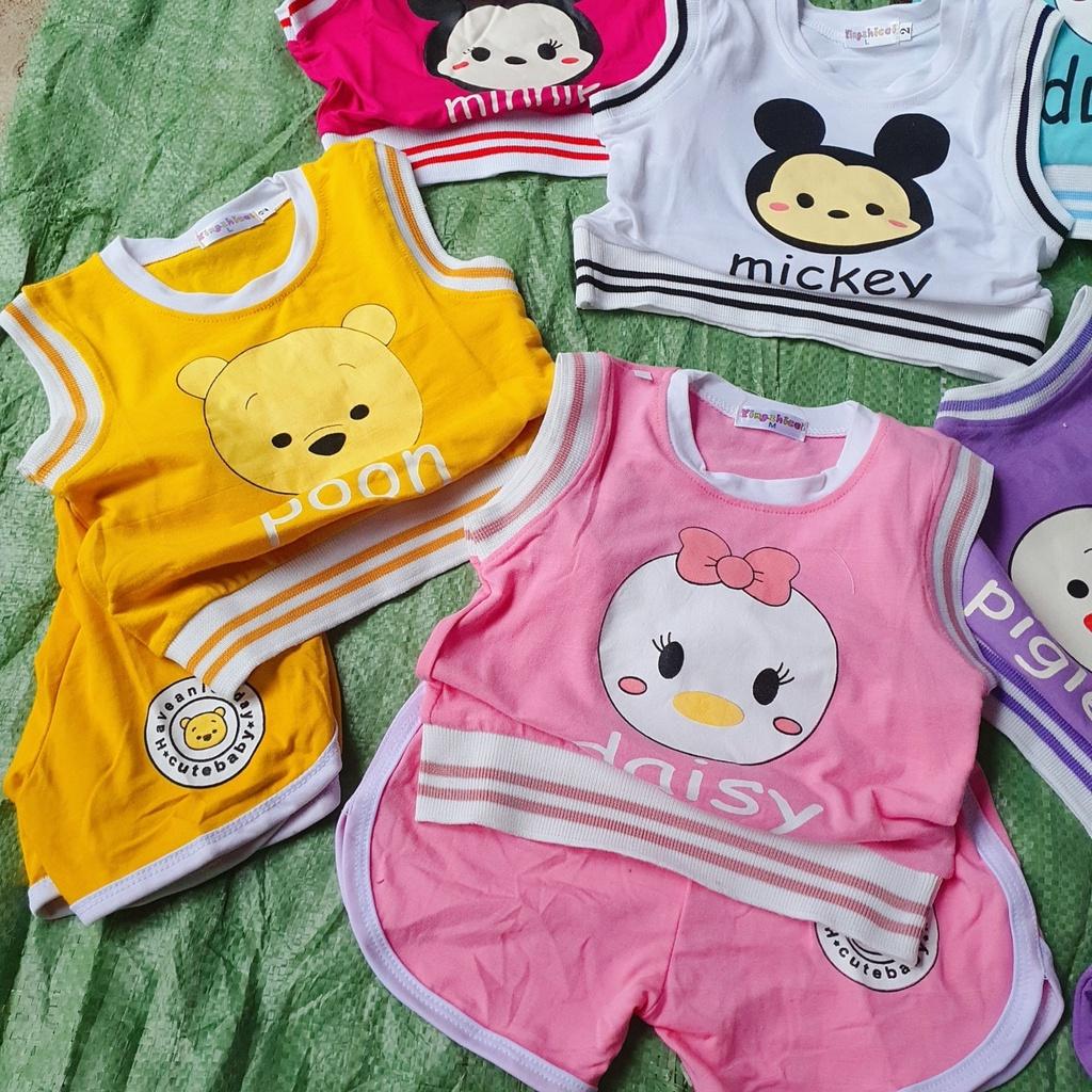 Bộ quần áo trẻ em sát nách in hình ngộ nghĩnh dễ thương chất cotton 4 chiều bo chun cho bé trai và bé gái size 7-20kg