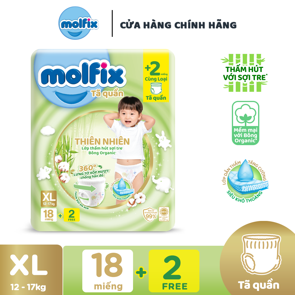 Tã/bỉm quần Molfix Thiên nhiên Regular XL (12kg - 17kg) - Gói 18+2 miếng