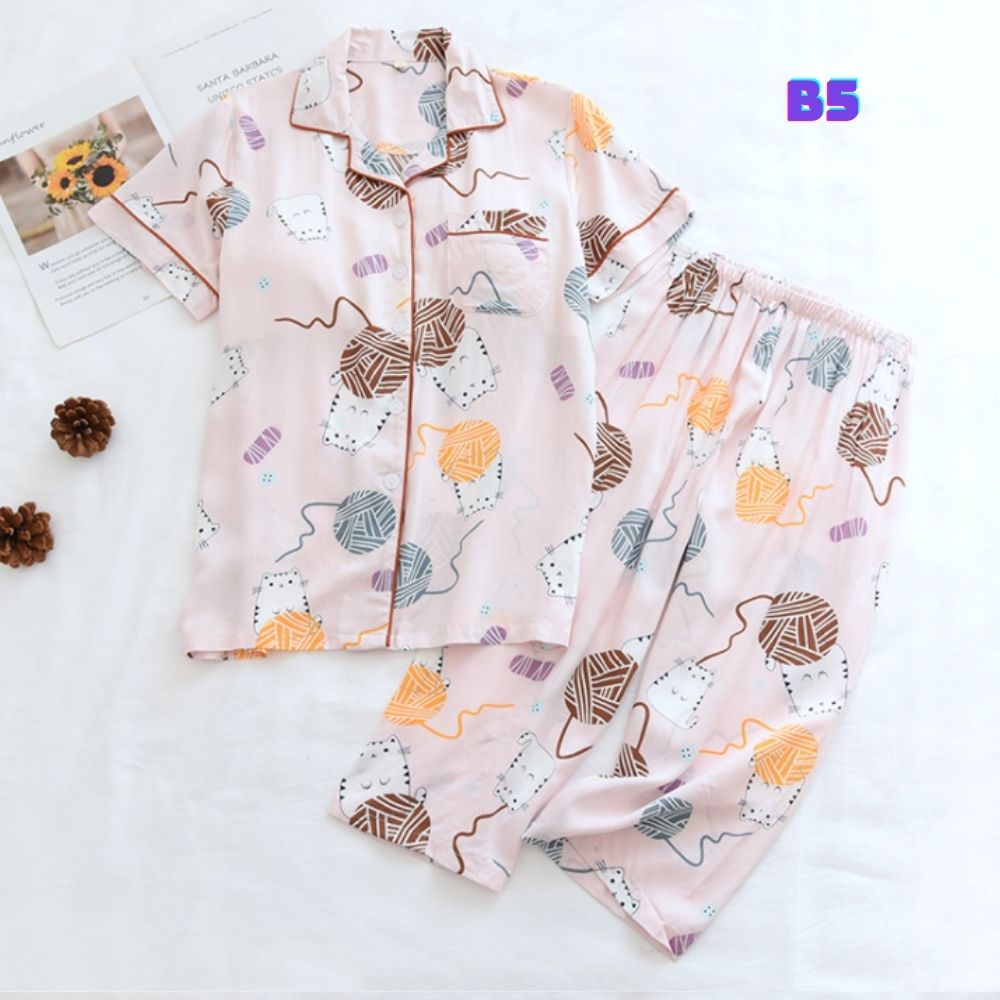 Bộ Đồ Pijama Nữ Mặc Nhà, Quần Áo Ngủ Nữ Ngắn Tay Azuno BN196 Chất Liệu Cotton Lụa Cho Mùa Hè